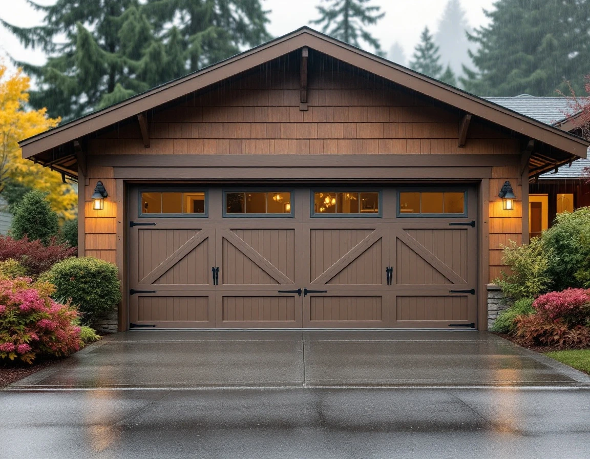 Residential garage door with earthquake reinforcement brackets and bracing on Oregon craftsman home