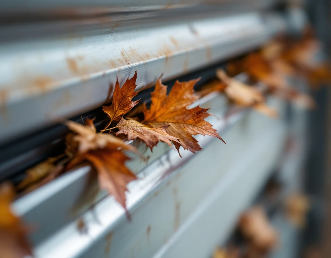 Wet autumn leaves clogging a garage door track channel with visible debris buildup