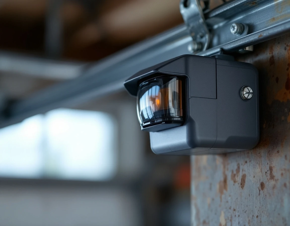 Auto-reverse safety sensor with optical lens mounted on garage door track rail with metal bracket