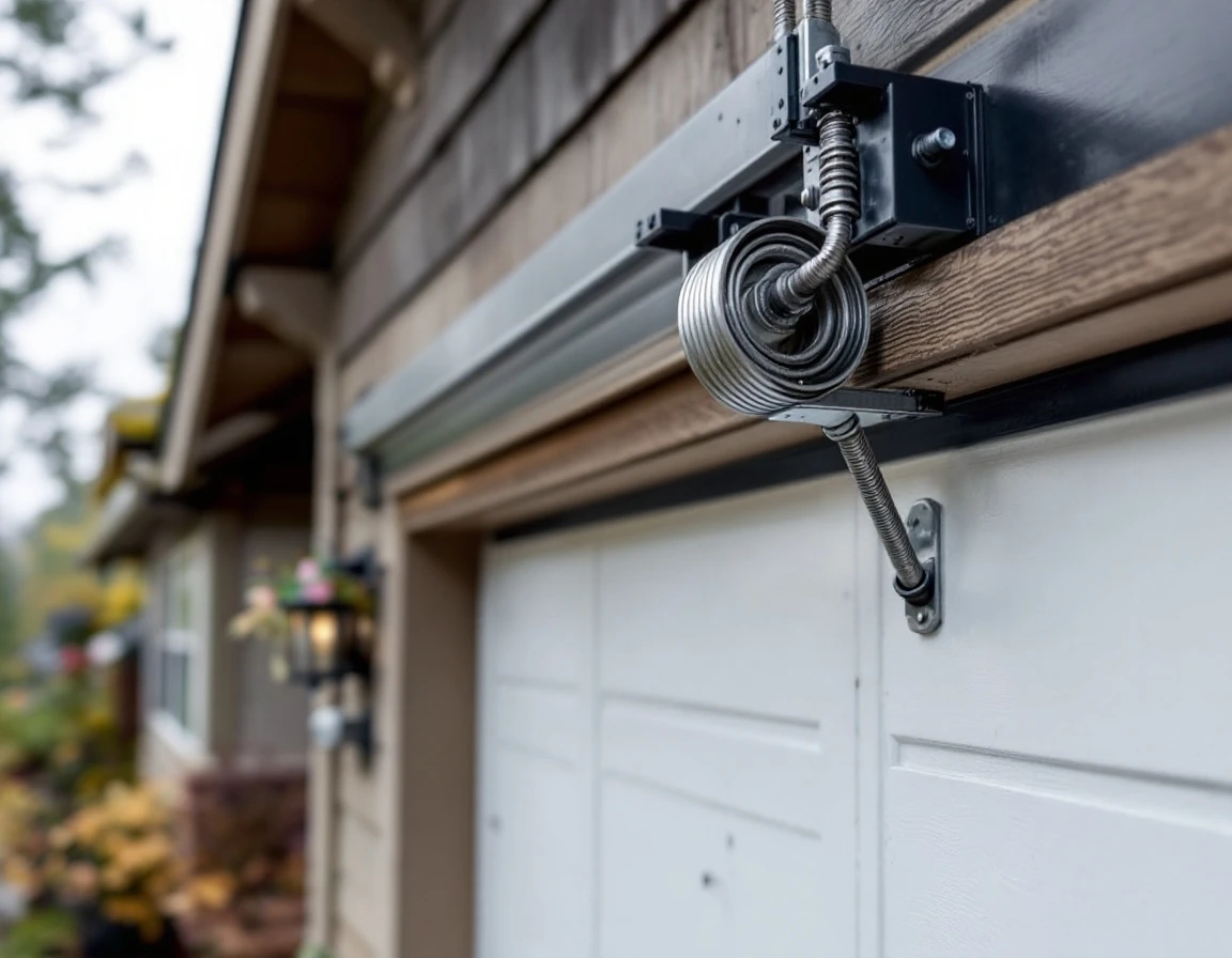 Garage door torsion spring and cable system on Portland-area home showing tension mechanism components