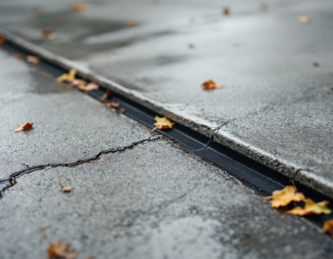 Cracked concrete garage floor with weathered door seal showing water damage and wear