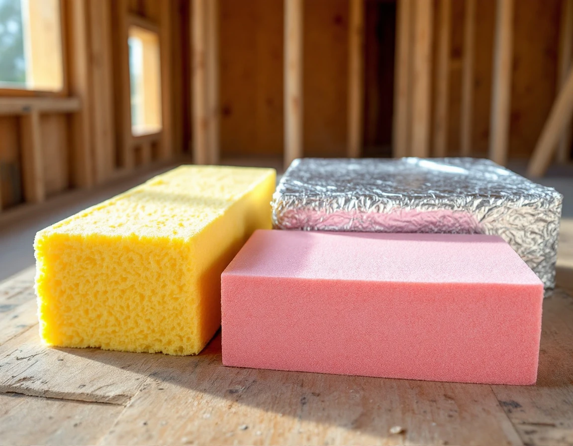 Three insulation types side by side: fiberglass batts, foam board, and reflective barrier material