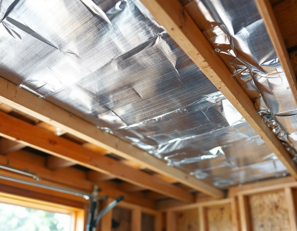 Reflective radiant barrier insulation installed between garage ceiling joists showing metallic foil surface