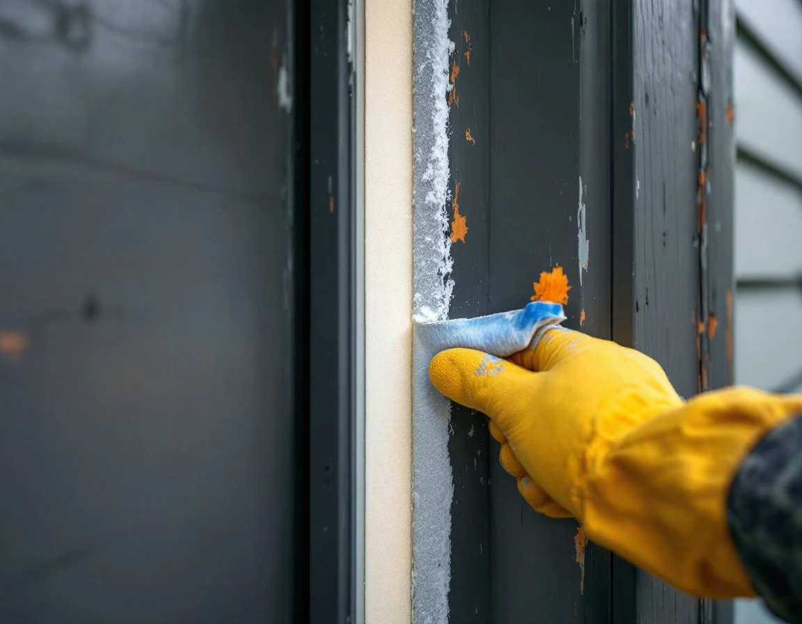 Fresh foam weatherstripping being installed in garage door frame gap to prevent winter drafts