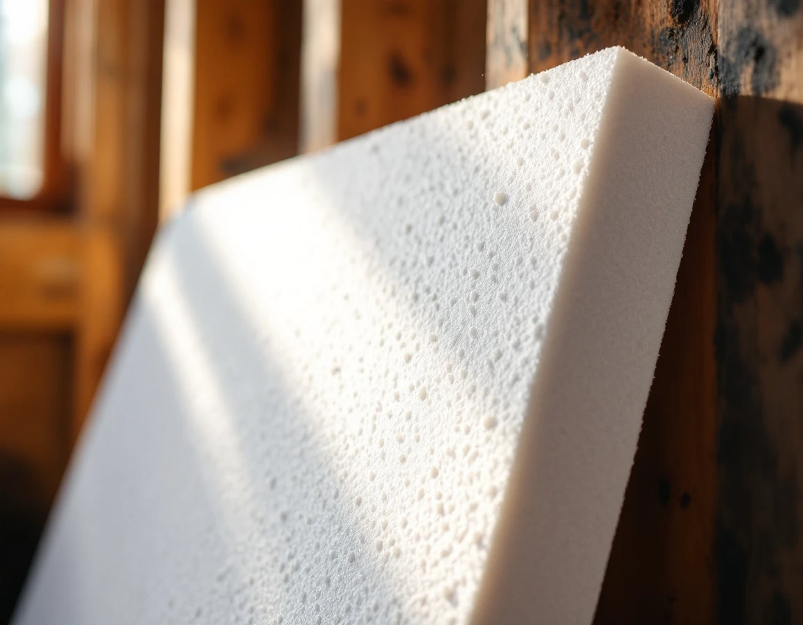 White polystyrene rigid foam insulation board showing cellular texture against wooden garage framing