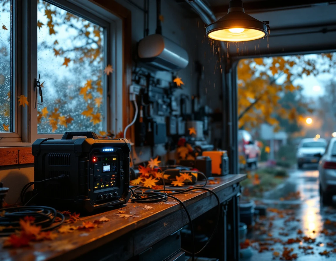 Portable power station actively powering garage equipment during a fall storm with rain and wind outside