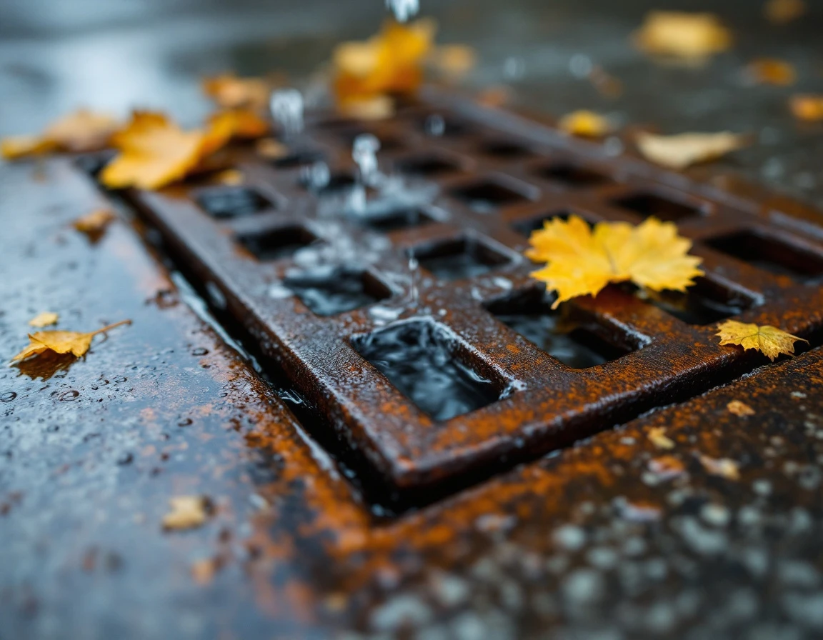 Storm drain grate with water flowing through during Portland's rainy season on wet concrete garage floor
