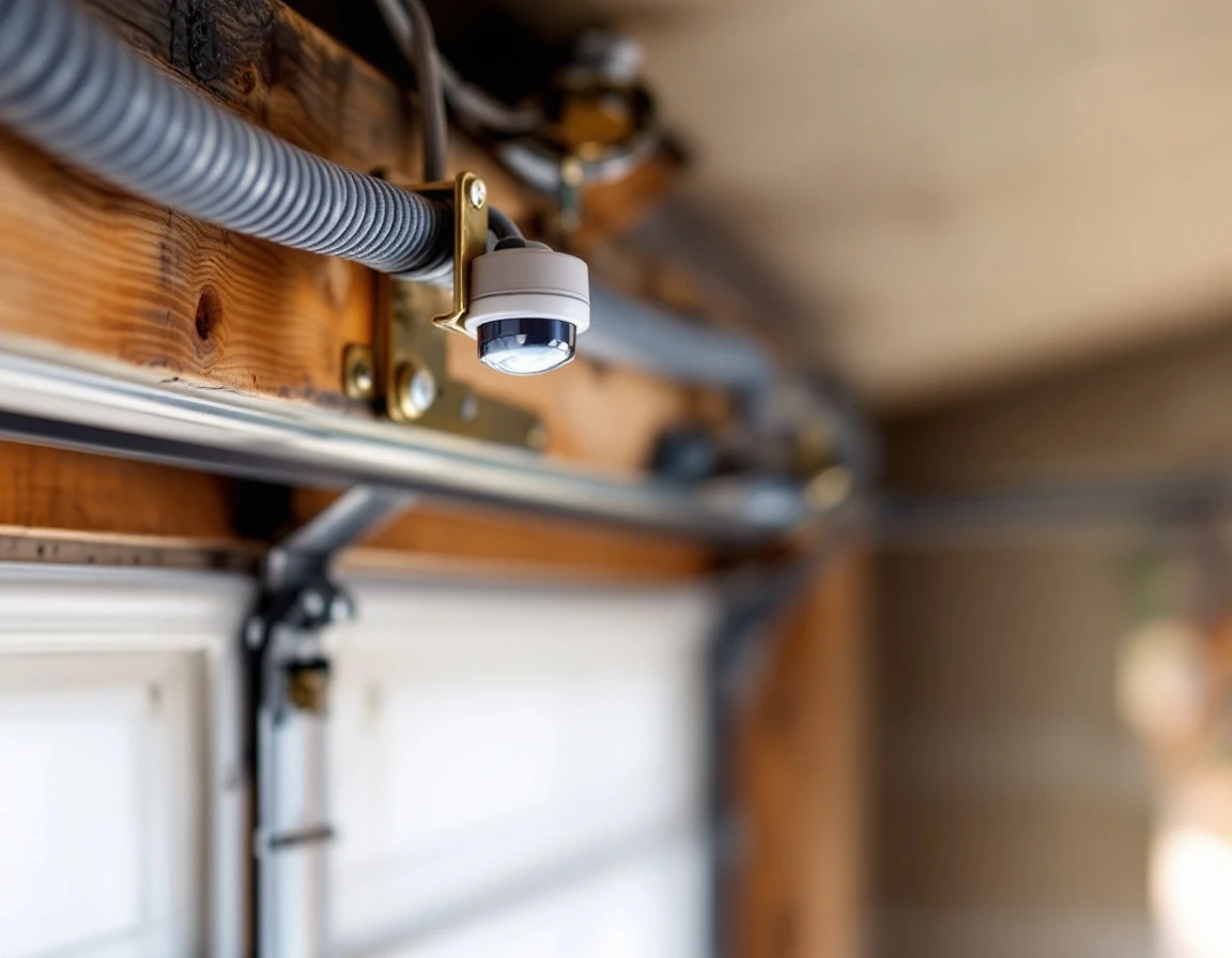Photo-eye safety sensor mounted on wooden garage door frame with metal conduit and mounting bracket