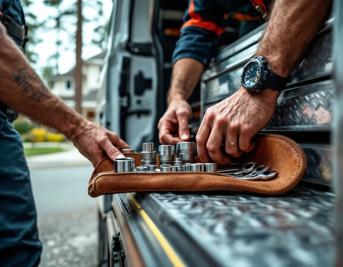 Professional technician's hands organizing metal tools in leather belt beside service van at residential job site