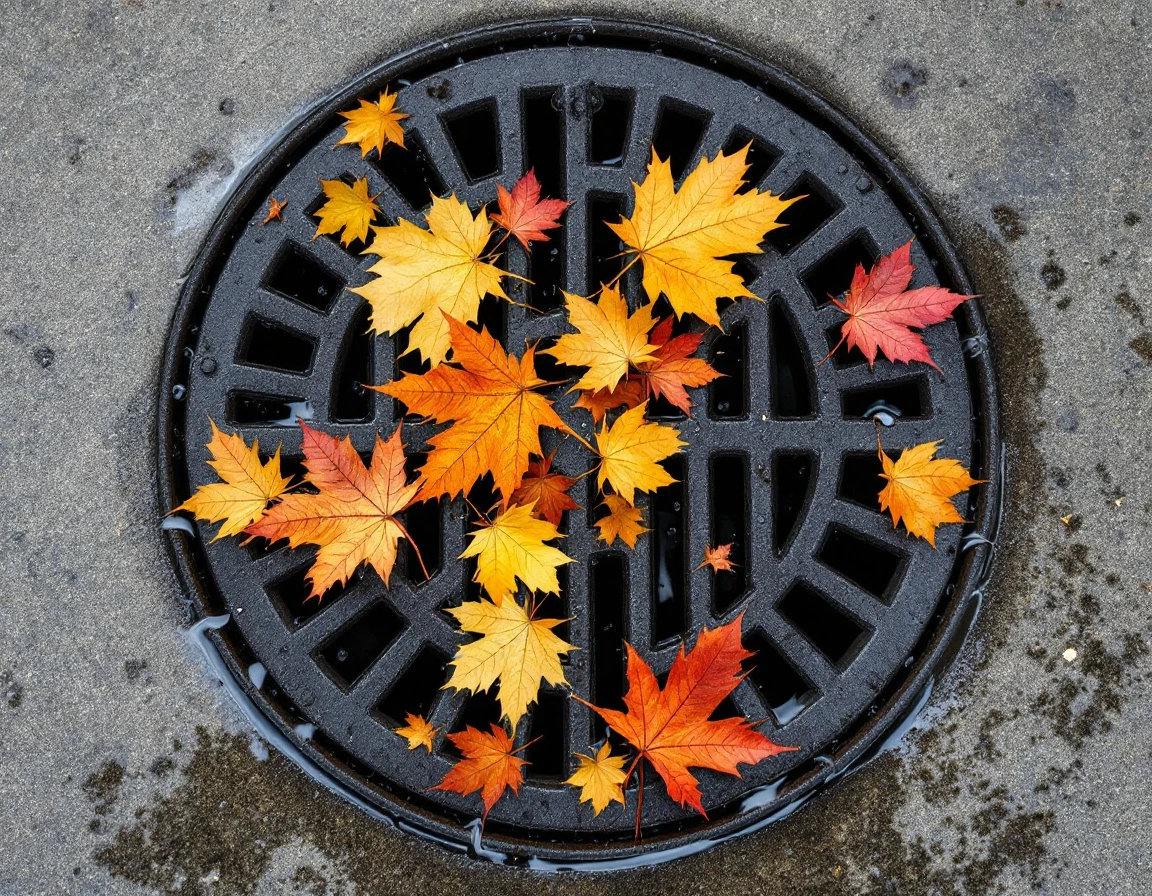 Garage floor drain clogged with fallen autumn leaves and standing water on concrete surface