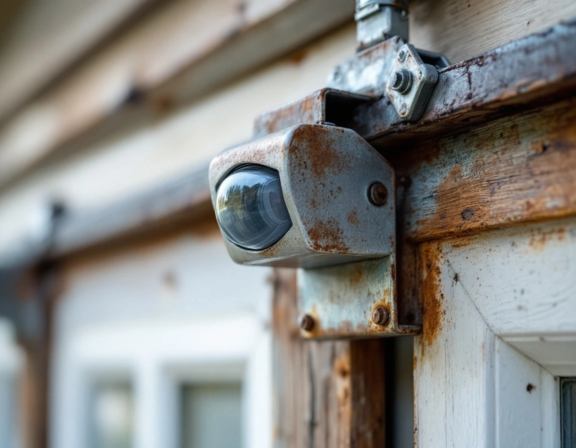Weathered photo-eye safety sensor mounted on garage door frame showing authentic rust and wear patterns