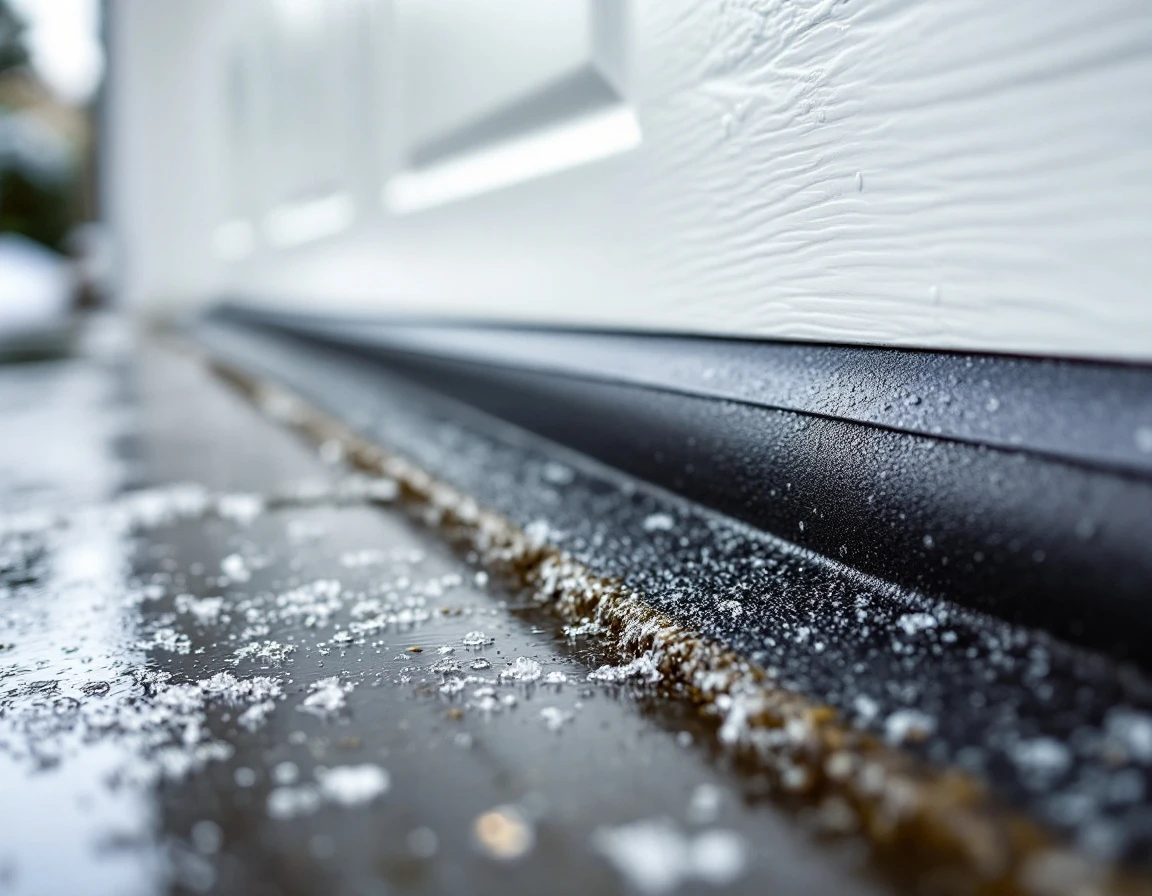 Garage door weatherstripping with frost crystals showing proper seal against cold air infiltration