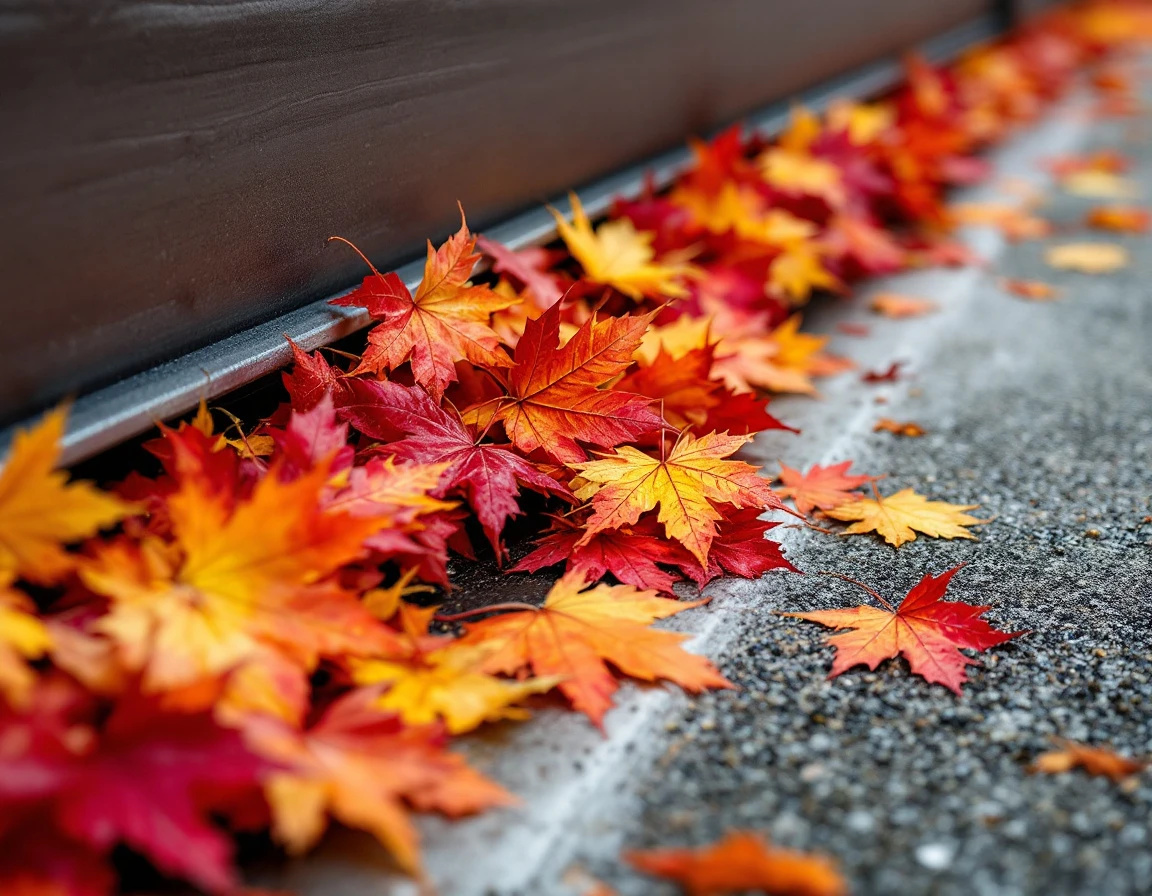 Fallen autumn leaves clogging a residential garage door track, showing debris obstruction