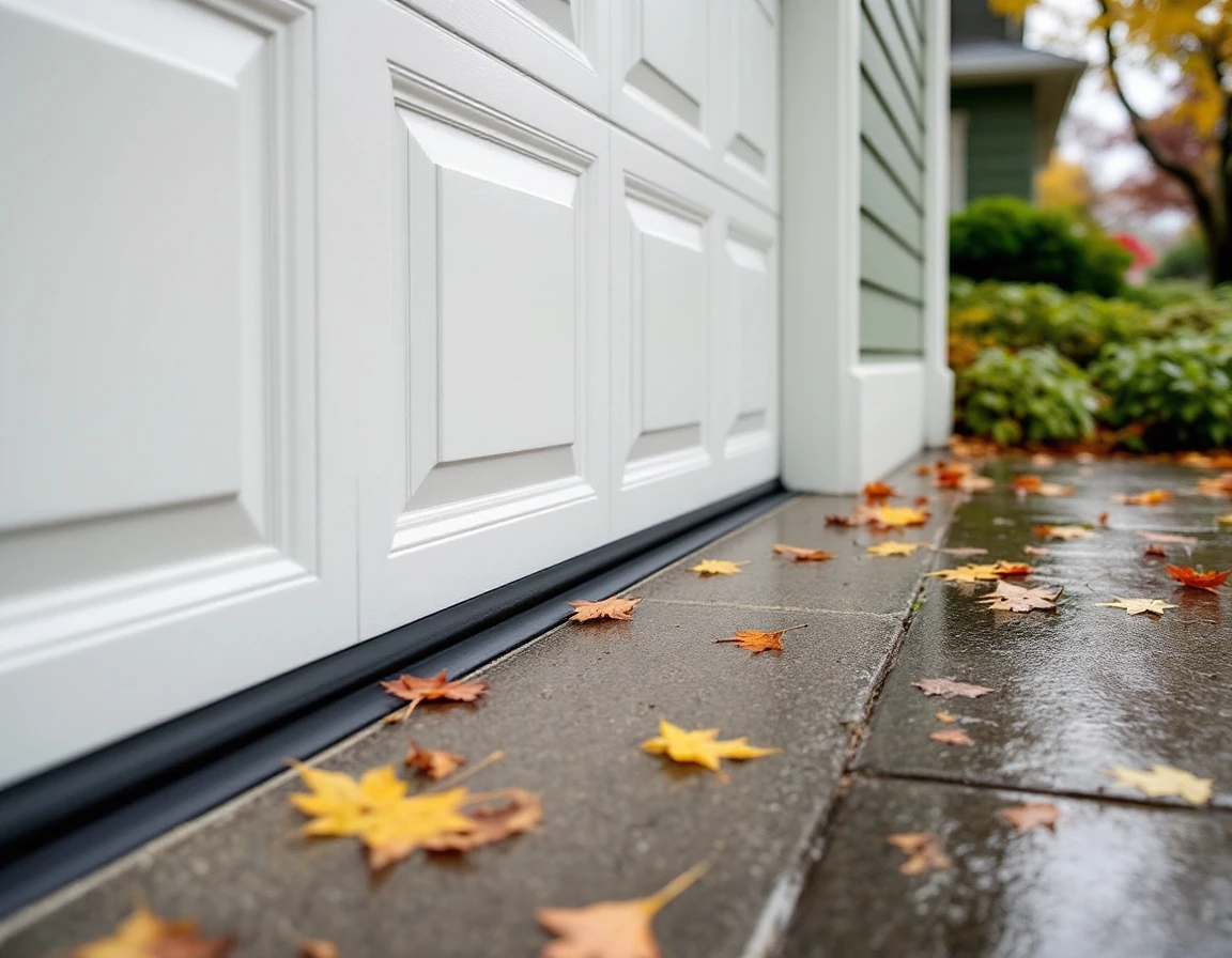 Garage door weatherstripping and rubber seal along bottom edge with wet pavement and fallen leaves