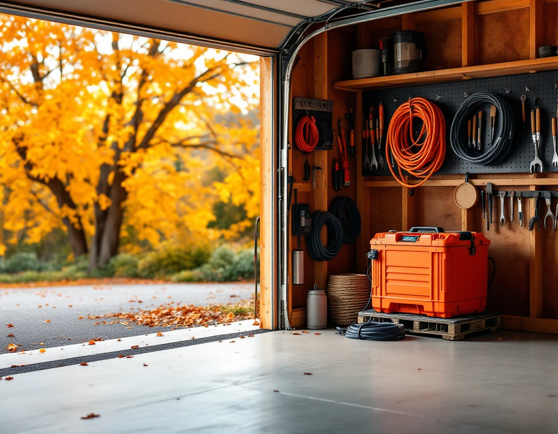 Battery backup power system mounted in organized Portland garage with autumn foliage visible through doorway