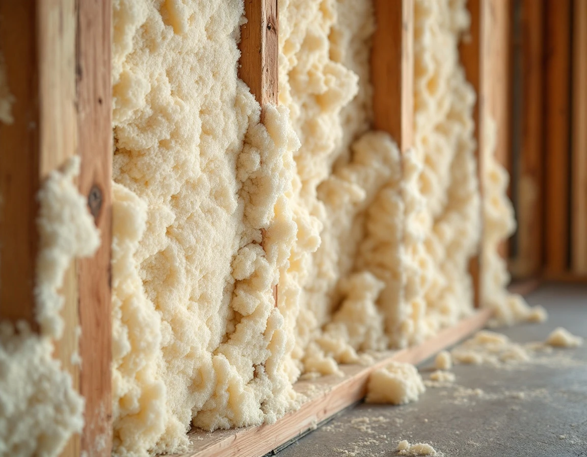 Polyurethane spray foam insulation freshly applied between wooden studs in a garage