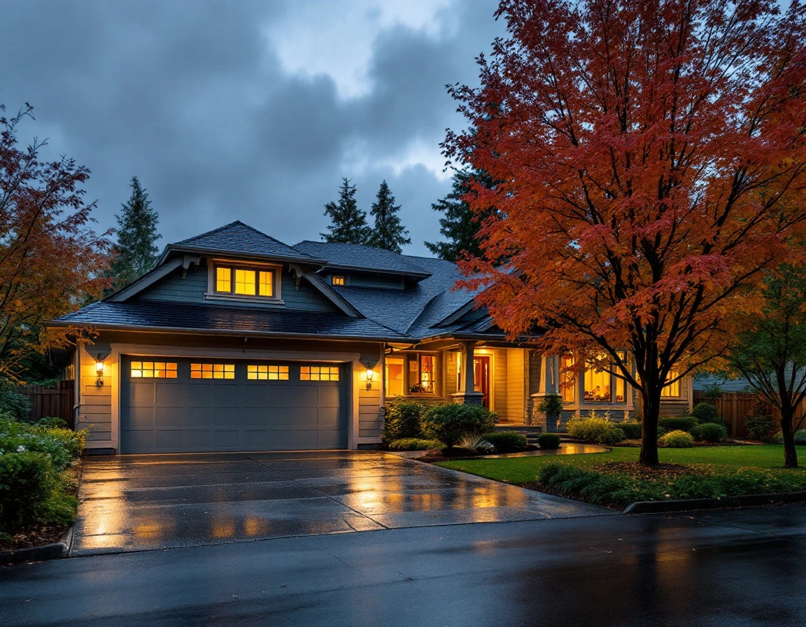 Portland Craftsman home exterior at dusk with wet driveway and fall foliage during autumn storm season