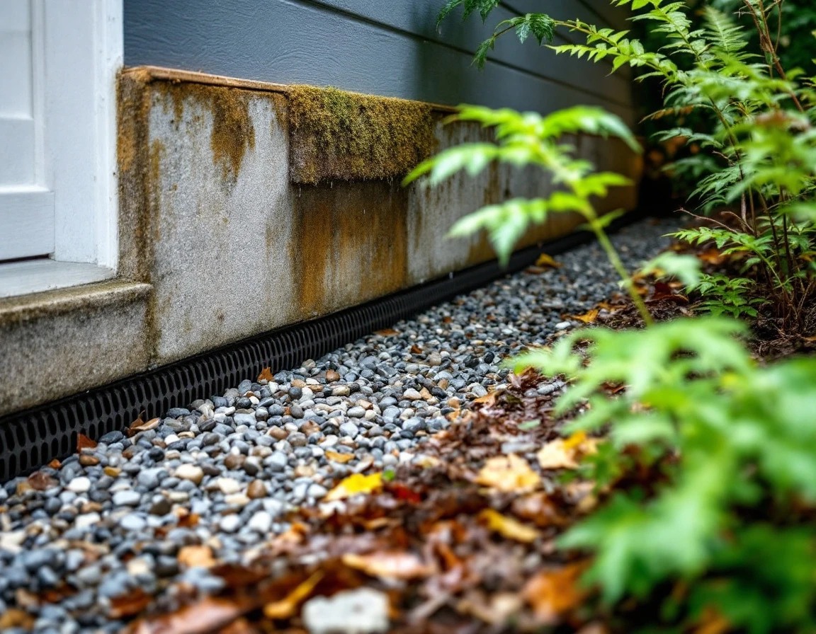 Garage foundation drainage system with French drain and gravel after Portland rain