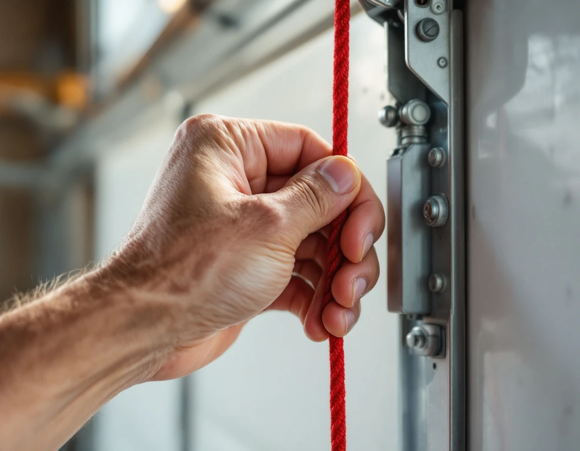 Hand pulling red emergency release rope on residential garage door mechanism during safety test