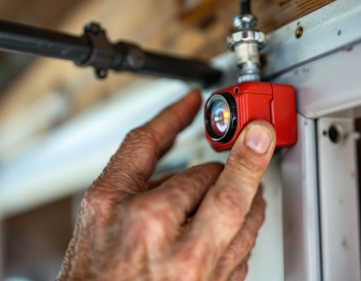 Hand testing red photo-eye sensor on garage door frame showing natural wear and authentic maintenance interaction