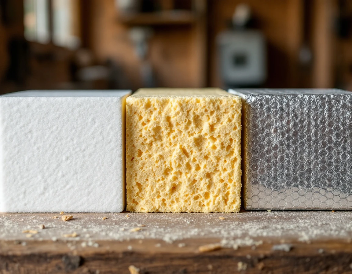 Three insulation materials side by side: polystyrene foam board, polyurethane spray foam, and reflective barrier