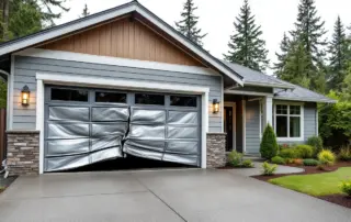 Beaverton home with damaged garage door showing realistic impact damage from vehicle collision