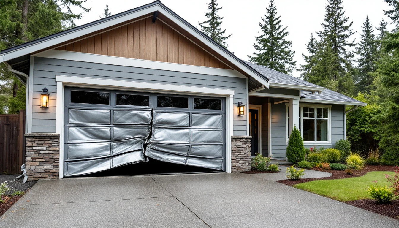 Beaverton home with damaged garage door showing realistic impact damage from vehicle collision