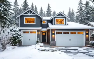 Modern garage door on Portland home covered in frost and snow during winter storm