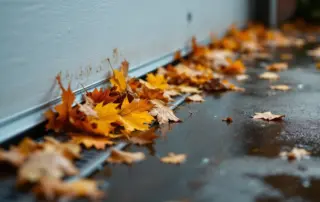 Fallen autumn leaves clogging a residential garage door track and accumulating near the floor drain