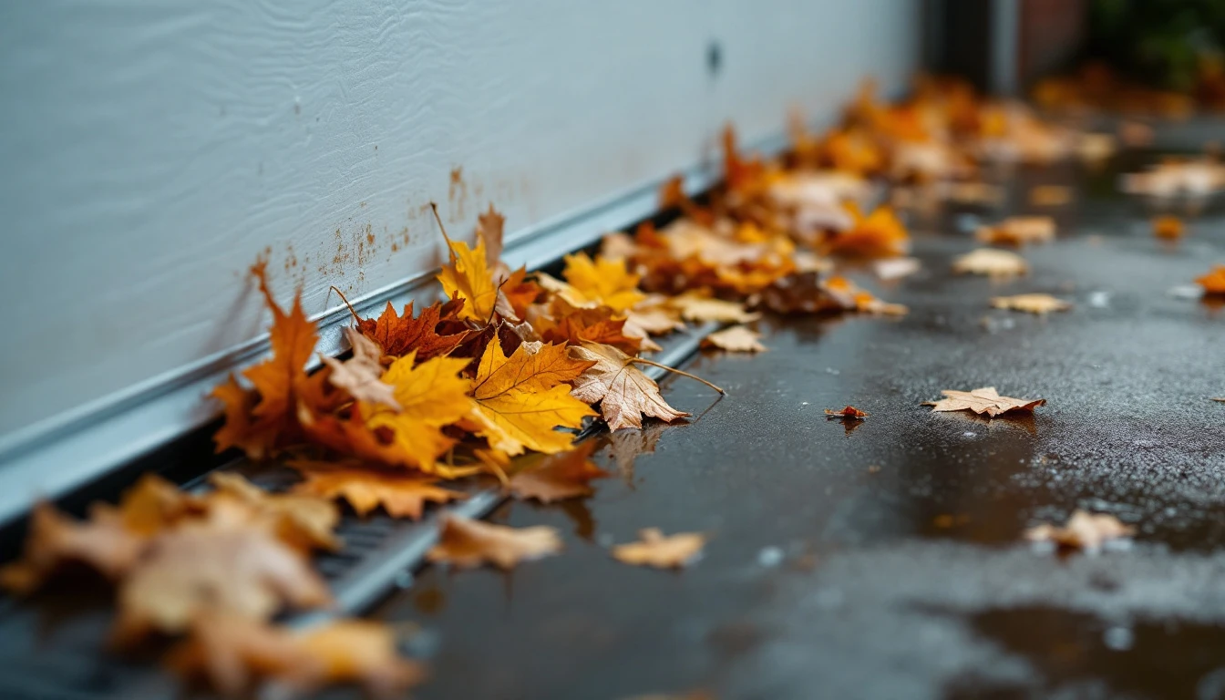 Fallen autumn leaves clogging a residential garage door track and accumulating near the floor drain