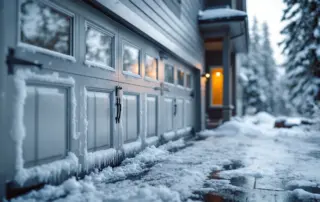 Frost-covered garage door on Central Oregon home during winter morning with snow-dusted driveway