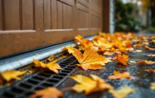 Autumn leaves clogging a garage door track and floor drain with rainwater pooling around debris