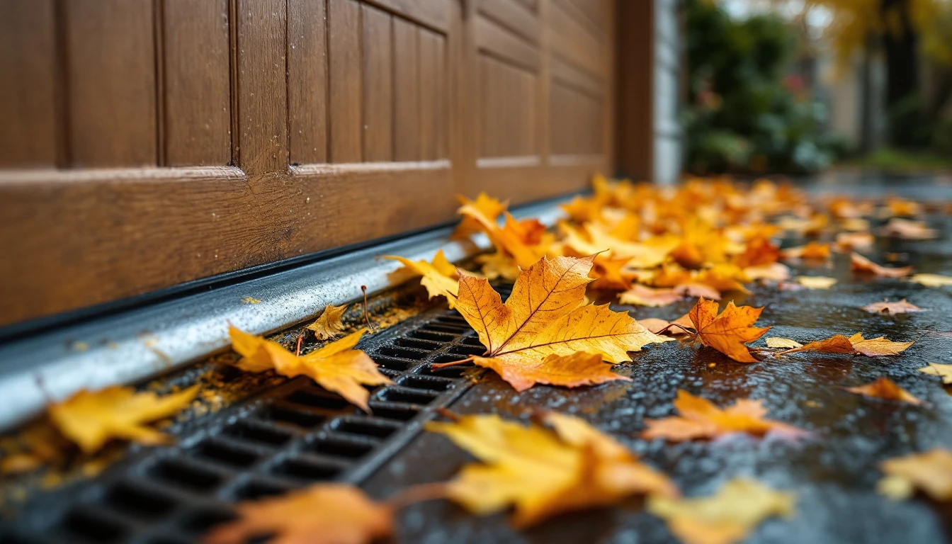 Autumn leaves clogging a garage door track and floor drain with rainwater pooling around debris