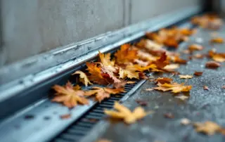 Autumn leaves clogging a garage door track and floor drain with debris accumulation