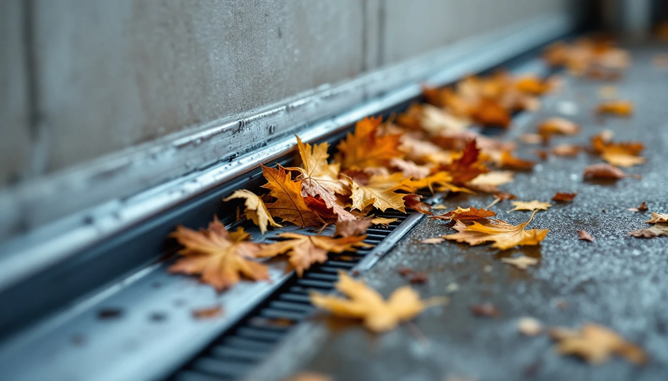 Autumn leaves clogging a garage door track and floor drain with debris accumulation