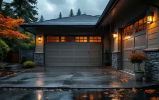 Portland garage door with water pooling near threshold during Pacific Northwest rainy season