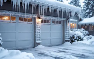 Garage door covered in heavy snow and ice during Oregon winter storm with icicles and snow accumulation