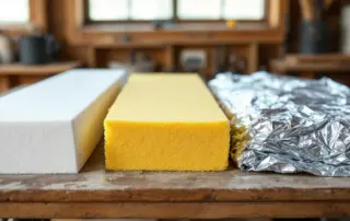 Polystyrene foam board, polyurethane spray foam, and reflective foil insulation materials on wooden surface