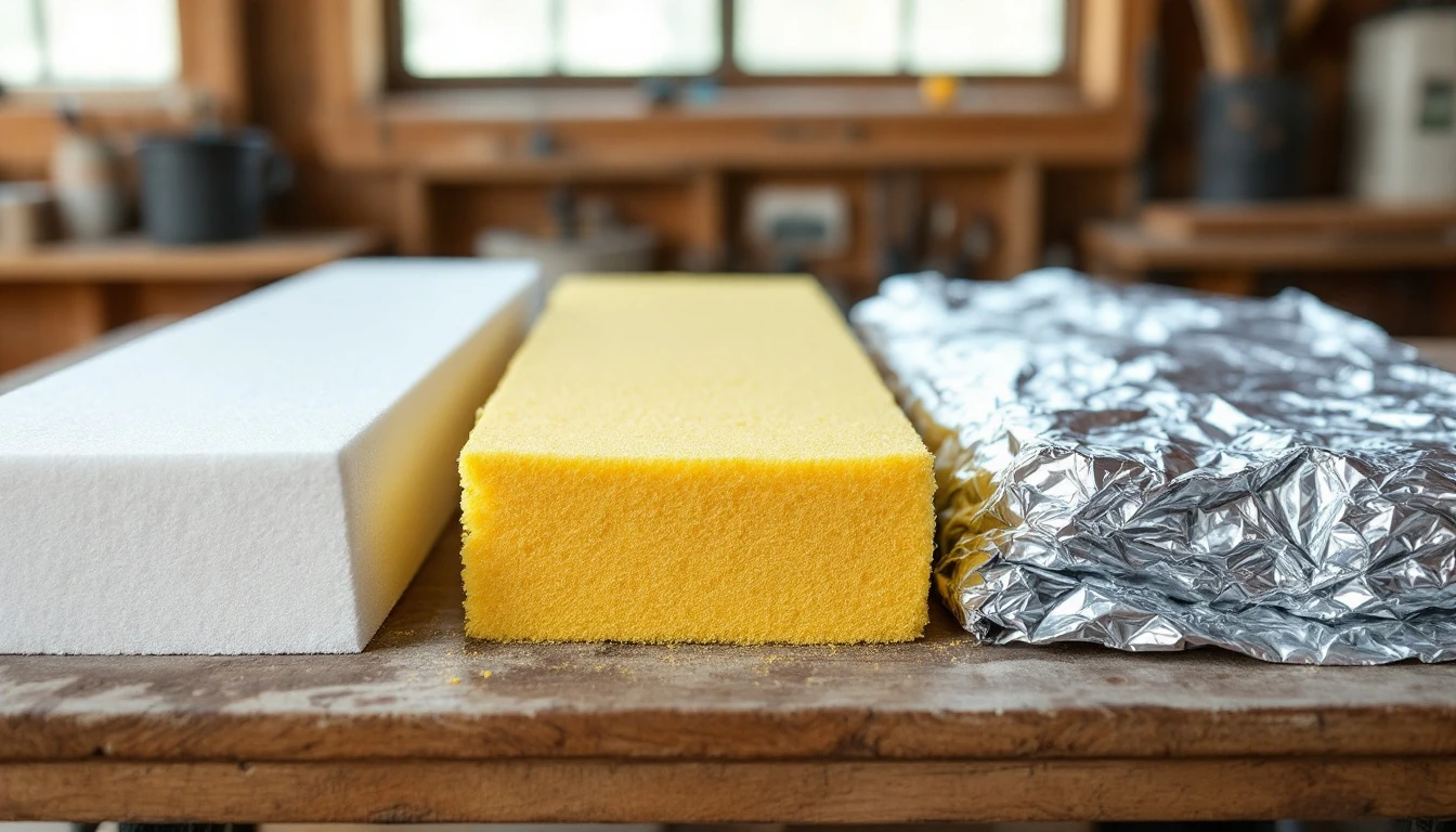 Polystyrene foam board, polyurethane spray foam, and reflective foil insulation materials on wooden surface