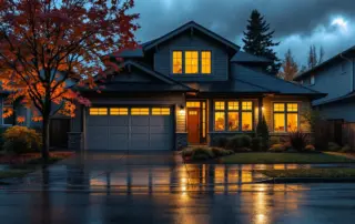 Modern Portland home with garage door illuminated during autumn storm with wet pavement and fall foliage