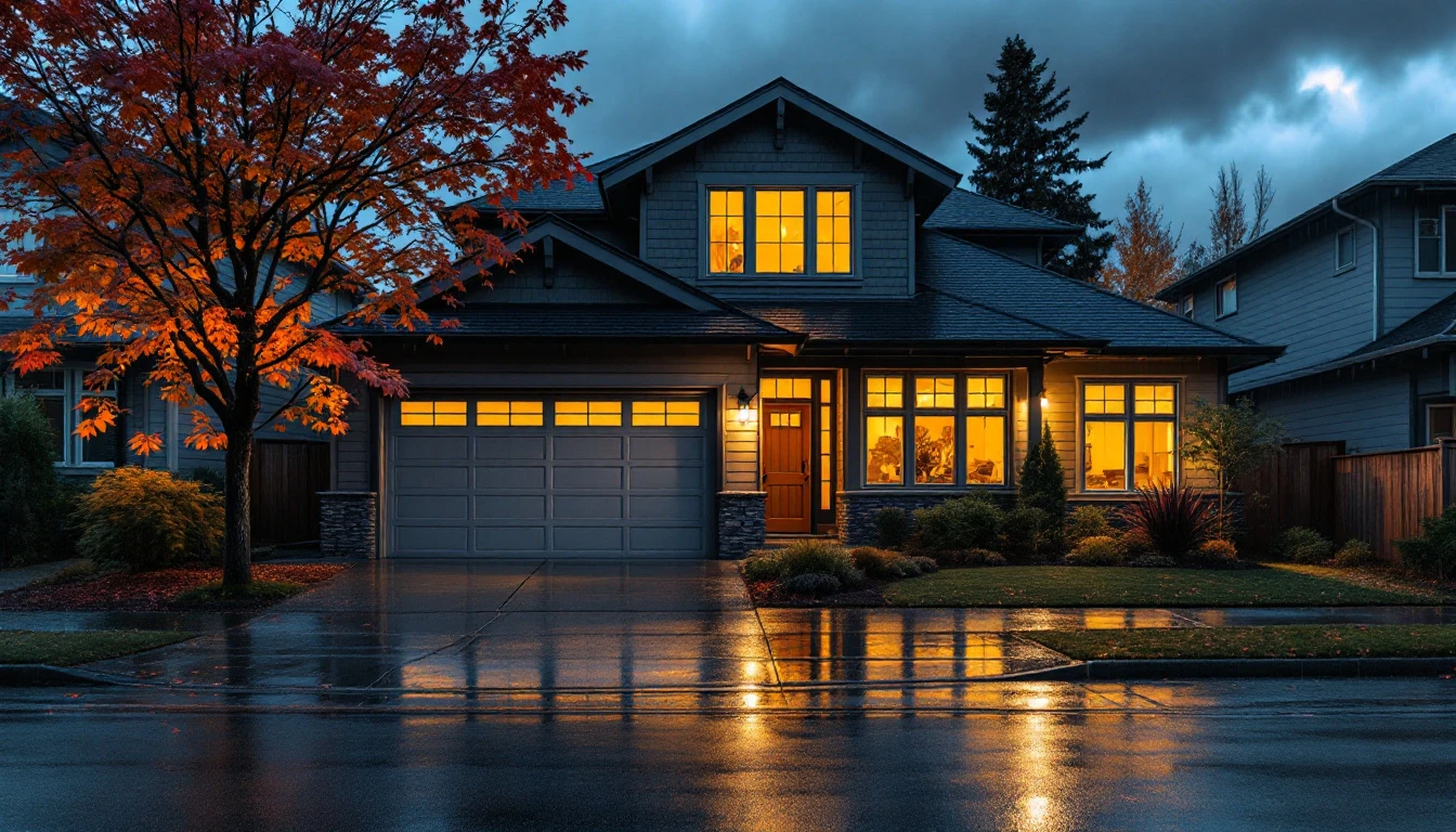 Modern Portland home with garage door illuminated during autumn storm with wet pavement and fall foliage