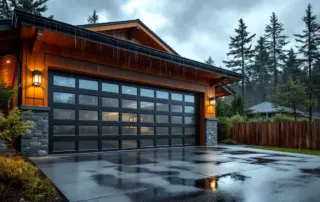 Reinforced residential garage door on Oregon coastal home during approaching storm with dark clouds