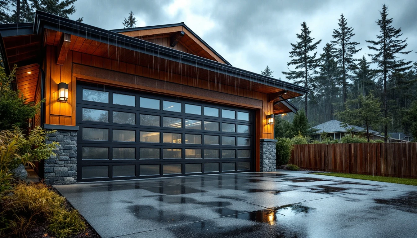 Reinforced residential garage door on Oregon coastal home during approaching storm with dark clouds