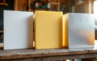 Three insulation materials side by side: polystyrene foam board, polyurethane spray foam, and reflective barrier