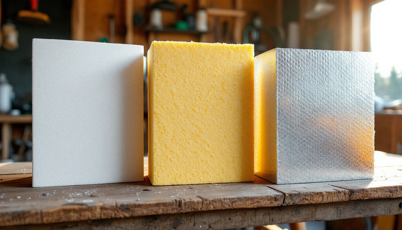 Three insulation materials side by side: polystyrene foam board, polyurethane spray foam, and reflective barrier