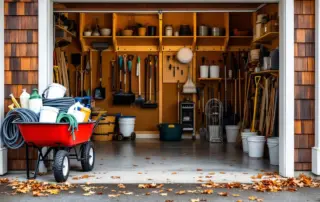 Organized garage with wheelbarrow full of winterization supplies and wall-mounted storage tools