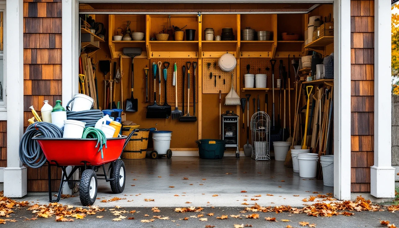 Organized garage with wheelbarrow full of winterization supplies and wall-mounted storage tools