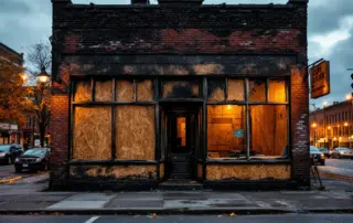 Fire-damaged commercial storefront with boarded windows and soot-stained brick in Southeast Portland