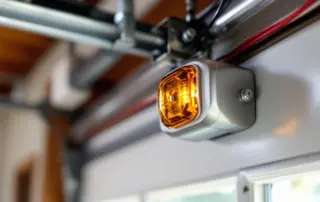 Garage door photo-eye safety sensor mounted on track rail with visible wiring and lens window