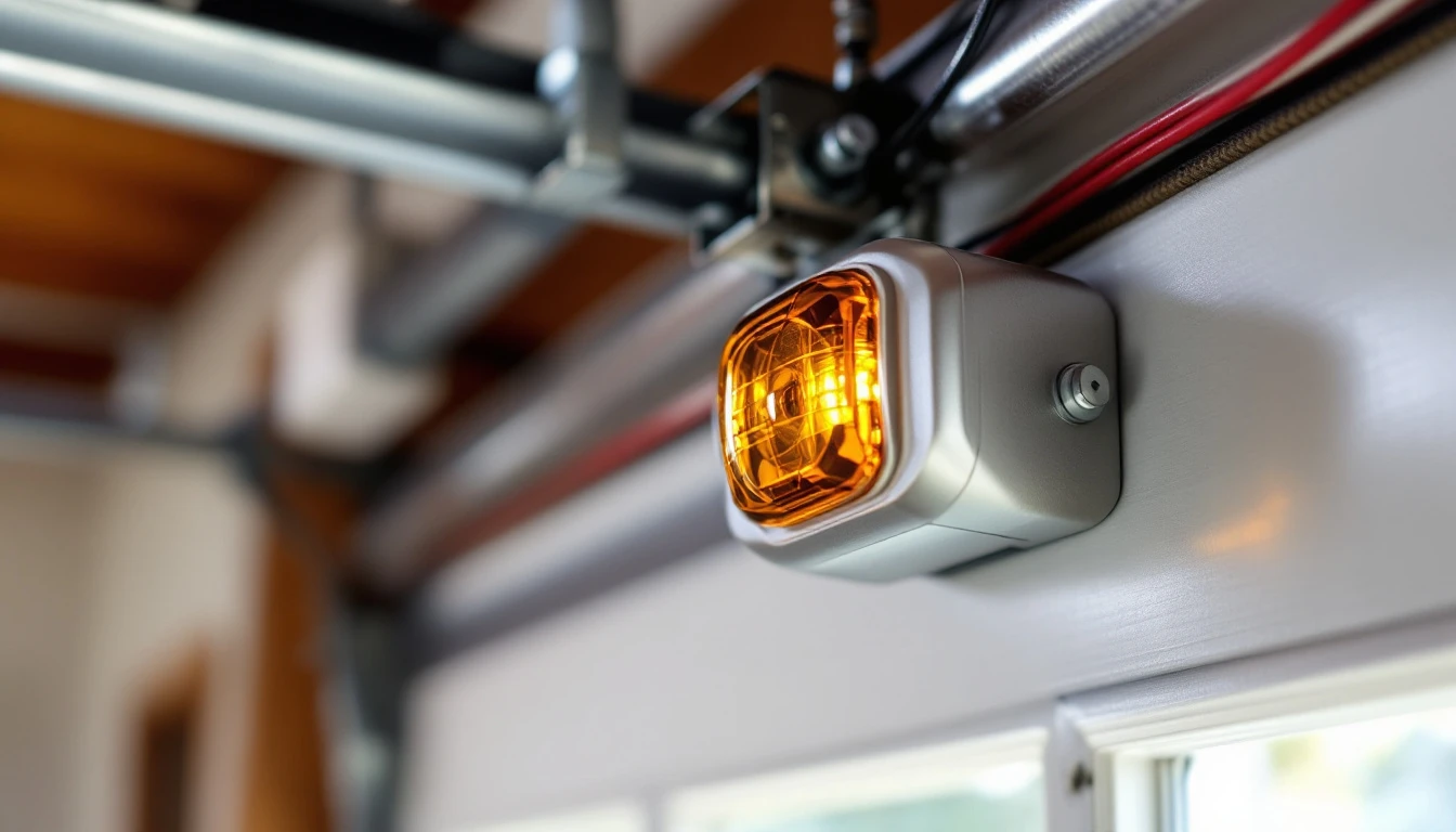 Garage door photo-eye safety sensor mounted on track rail with visible wiring and lens window